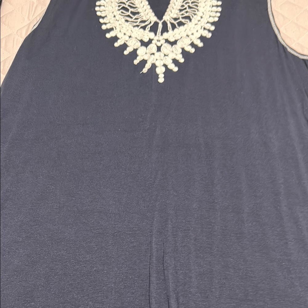 Max Studio navy sleeveless dress with white embroidered detail.